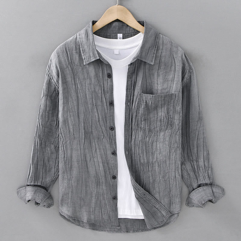 Chemises pour hommes en lin ramie à manches longues et col montant, froissées et boutonnées, motif Buddha Stones - Gris - US/UK/AU42，EU52 (3XL) - image 4