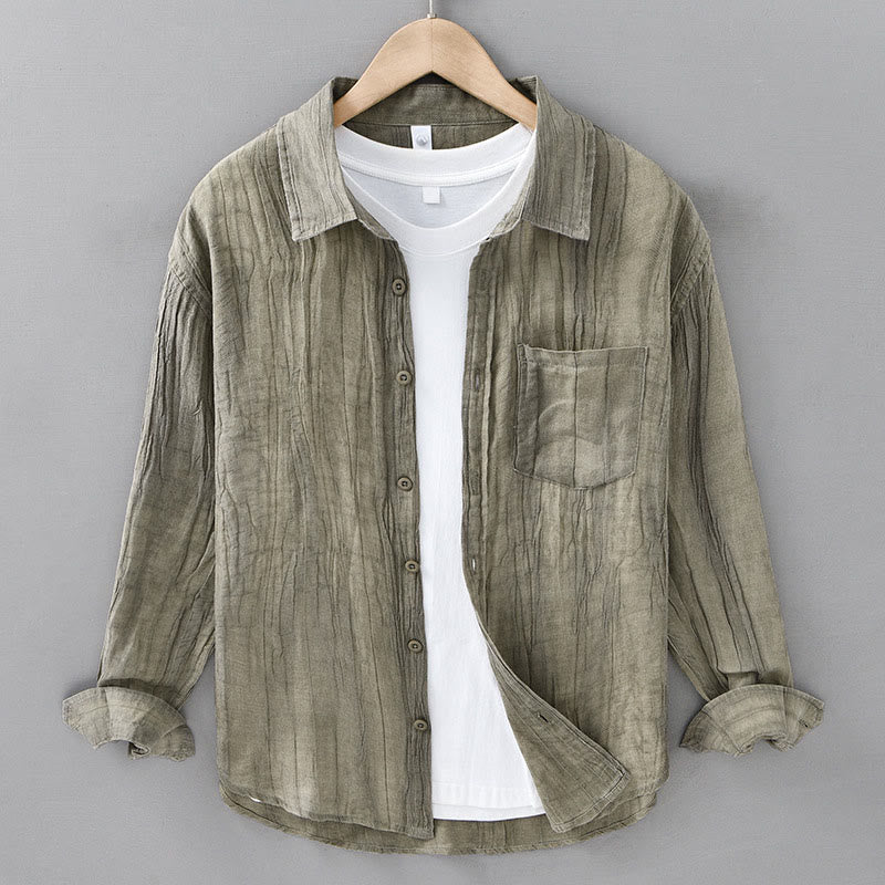 Chemises pour hommes en lin ramie à manches longues et col montant, froissées et boutonnées, motif Buddha Stones - Kaki foncé - US/UK/AU42，EU52 (3XL) - image 8