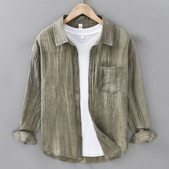 Chemises pour hommes en lin ramie à manches longues et col montant, froissées et boutonnées, motif Buddha Stones - Kaki foncé - US/UK/AU42，EU52 (3XL) - image 8