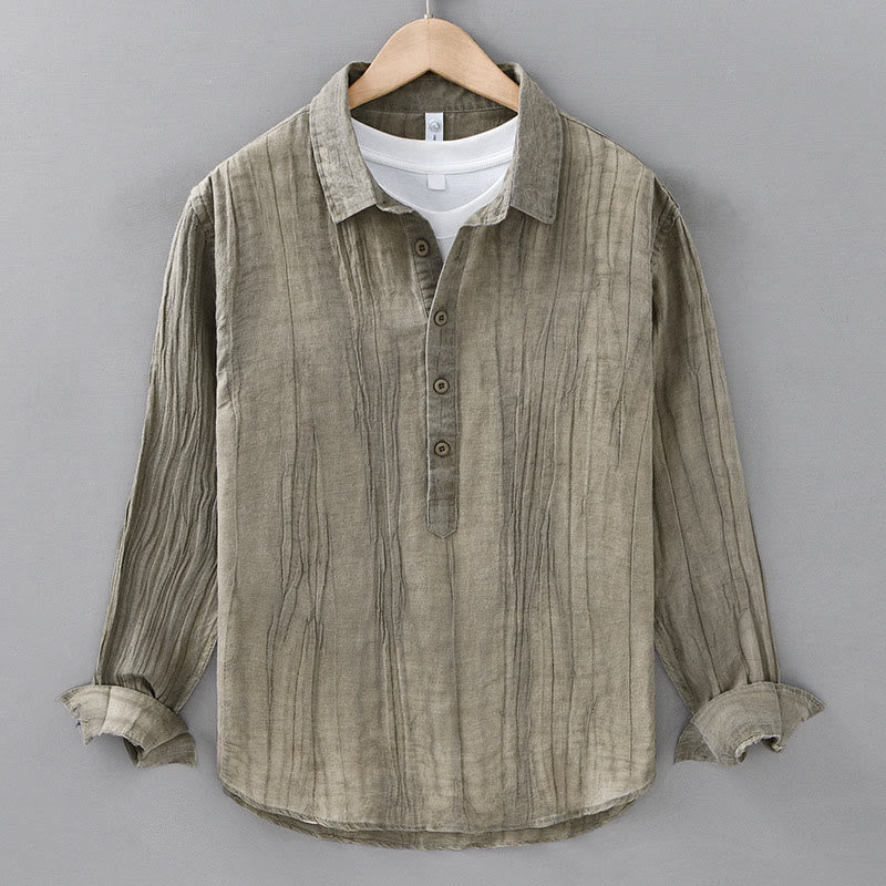 Chemises homme en lin ramie à manches longues et col montant, froissées et à demi-boutons, motif Buddha Stones - Kaki foncé - US/UK/AU42，EU52 (3XL) - image 15
