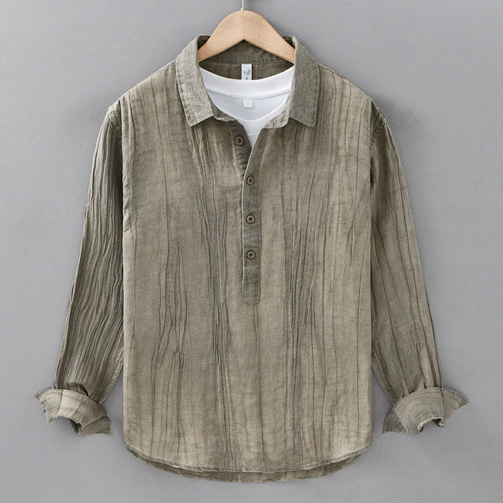 Chemises homme en lin ramie à manches longues et col montant, froissées et à demi-boutons, motif Buddha Stones - Kaki foncé - US/UK/AU42，EU52 (3XL) - image 15
