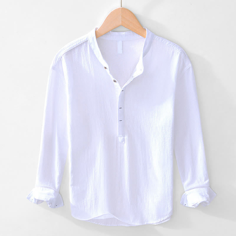 Chemises homme en coton à manches longues et demi-boutons Buddha Stones, couleur unie, printemps-automne - Blanc - US/UK/AU44，EU54 (4XL) - image 1