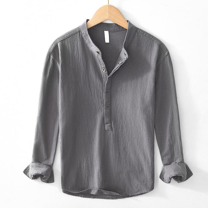 Chemises homme en coton à manches longues et demi-boutons Buddha Stones, couleur unie, printemps-automne - Gris - US/UK/AU44，EU54 (4XL) - image 0