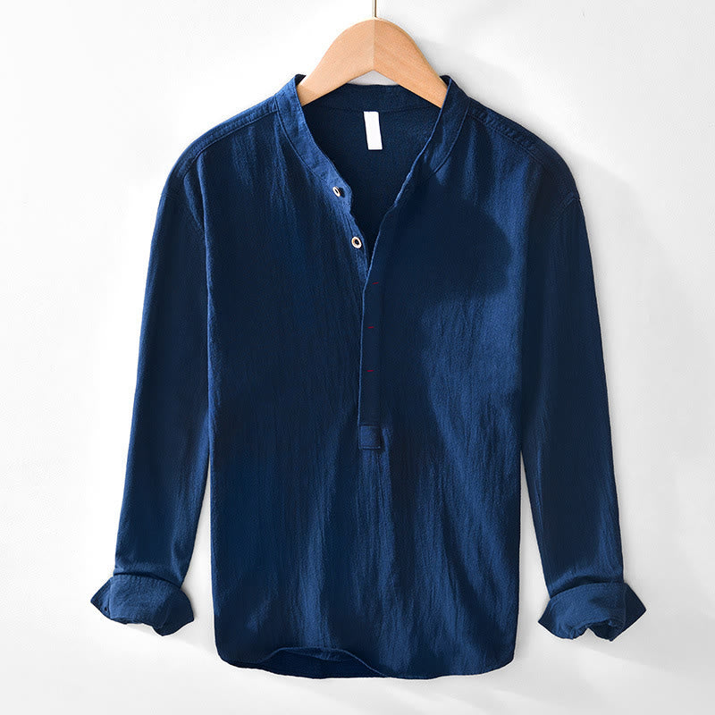 Chemises homme en coton à manches longues et demi-boutons Buddha Stones, couleur unie, printemps-automne - Marine - US/UK/AU44，EU54 (4XL) - image 3