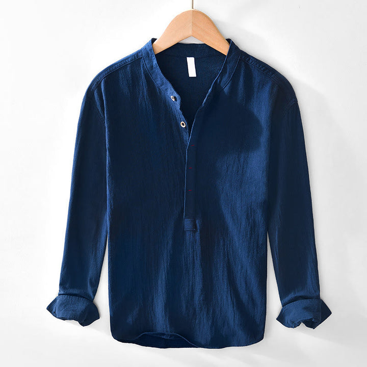 Chemises homme en coton à manches longues et demi-boutons Buddha Stones, couleur unie, printemps-automne - Marine - US/UK/AU44，EU54 (4XL) - image 3