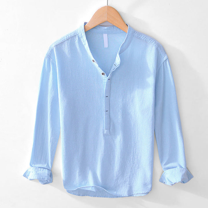 Chemises homme en coton à manches longues et demi-boutons Buddha Stones, couleur unie, printemps-automne - Bleu ciel clair - US/UK/AU44，EU54 (4XL) - image 2