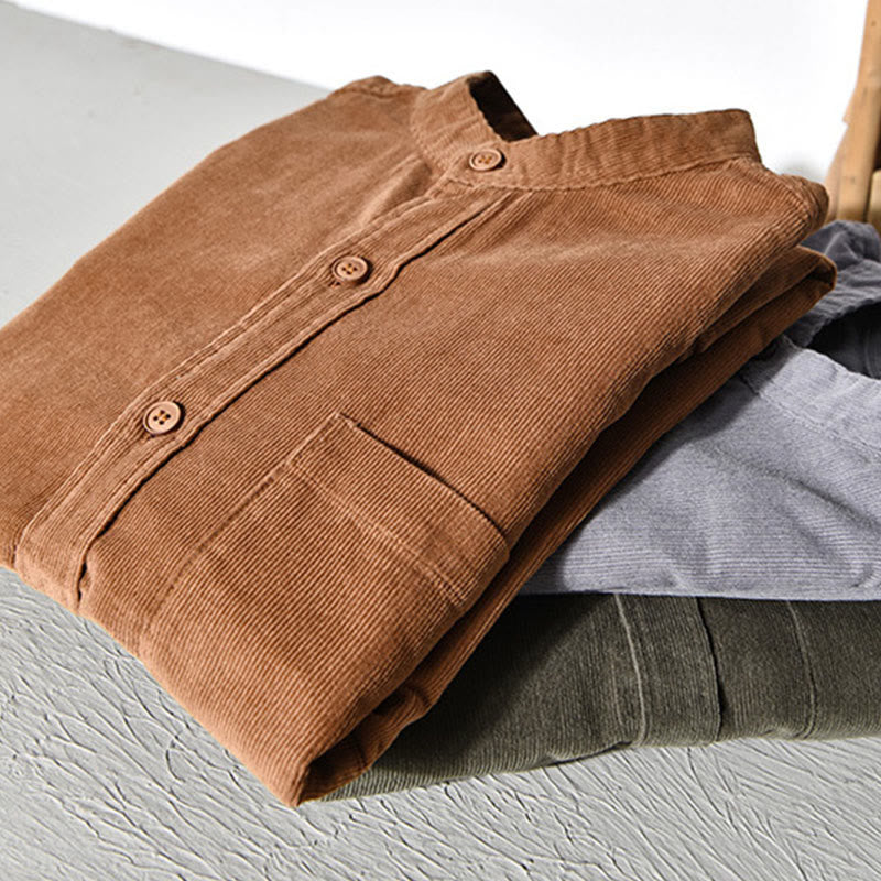 Veste à manches longues pour homme en velours côtelé de coton boutonnée et unie Buddha Stones - image 12