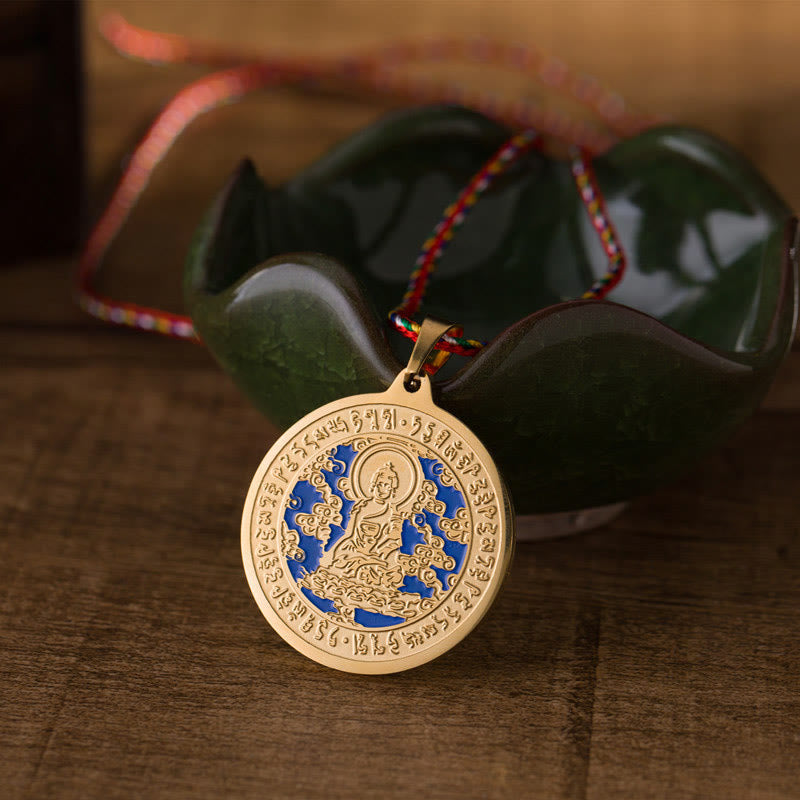 Collier pendentif en corde colorée en acier titane Buddha Stones, médecine bleue, mantra en forme de cœur et de foi - Doré - image 0