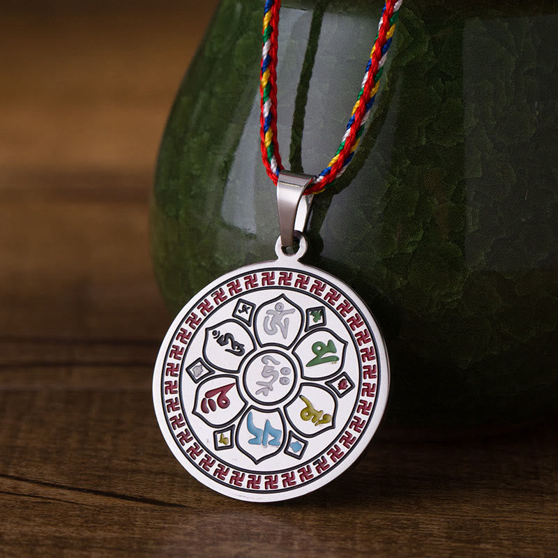 Collier pendentif en corde de protection en acier titane avec Buddha Stones colorées Om Mani Padme Hum - Argenté - image 0