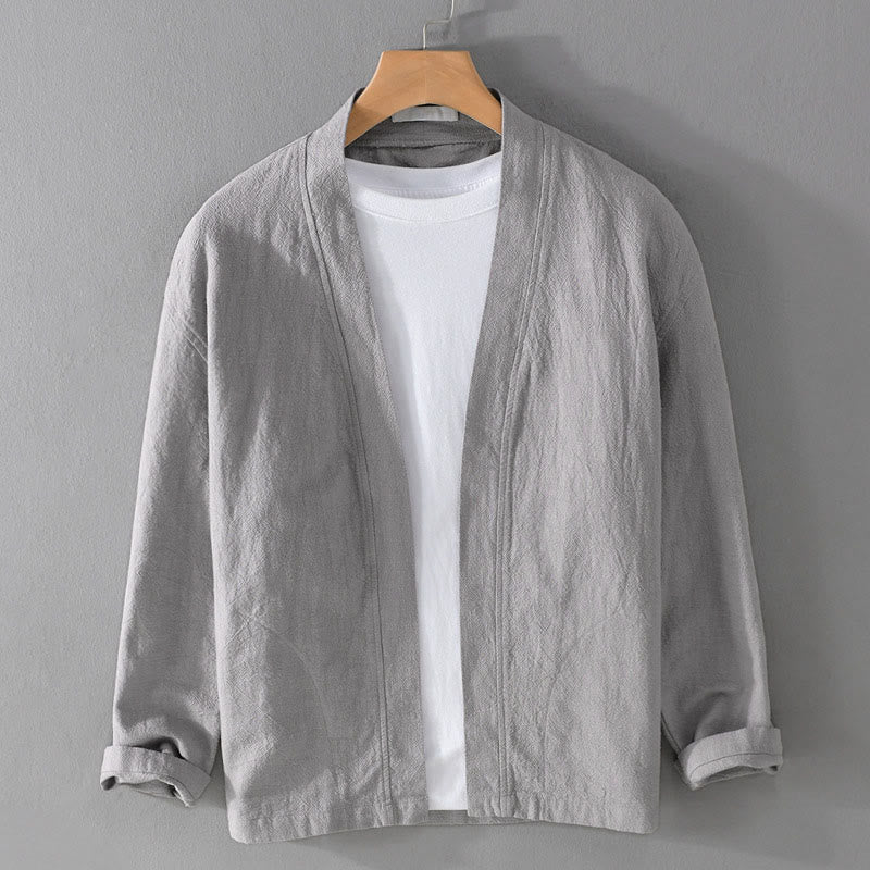 Chemises simples à manches longues et poches ouvertes sur le devant pour homme en coton ramie avec Buddha Stones - Gris clair - US/UK/AU42，EU52 (3XL) - image 0