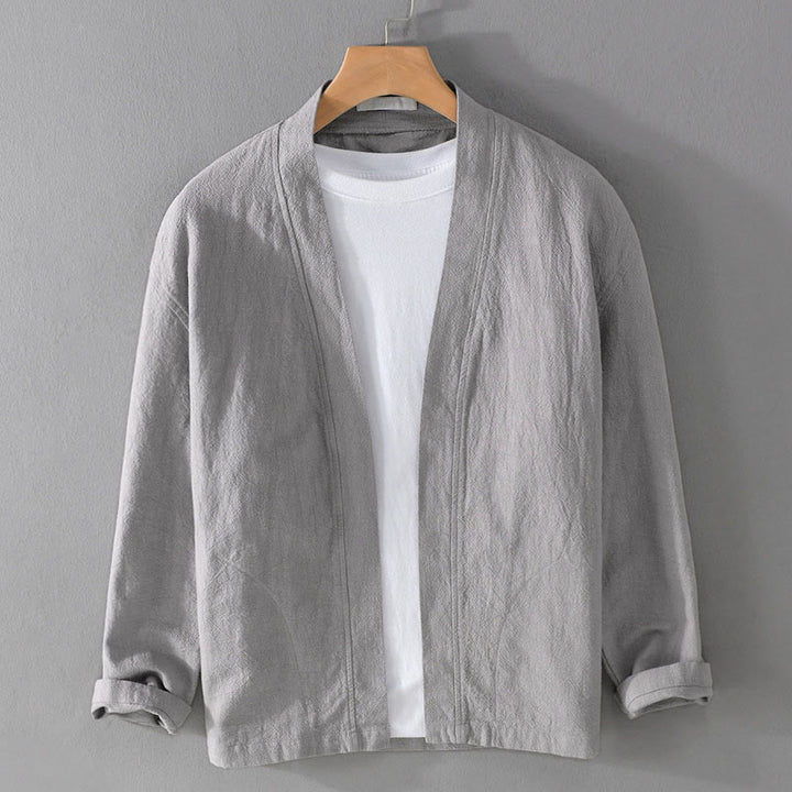 Chemises simples à manches longues et poches ouvertes sur le devant pour homme en coton ramie avec Buddha Stones - Gris clair - US/UK/AU42，EU52 (3XL) - image 0