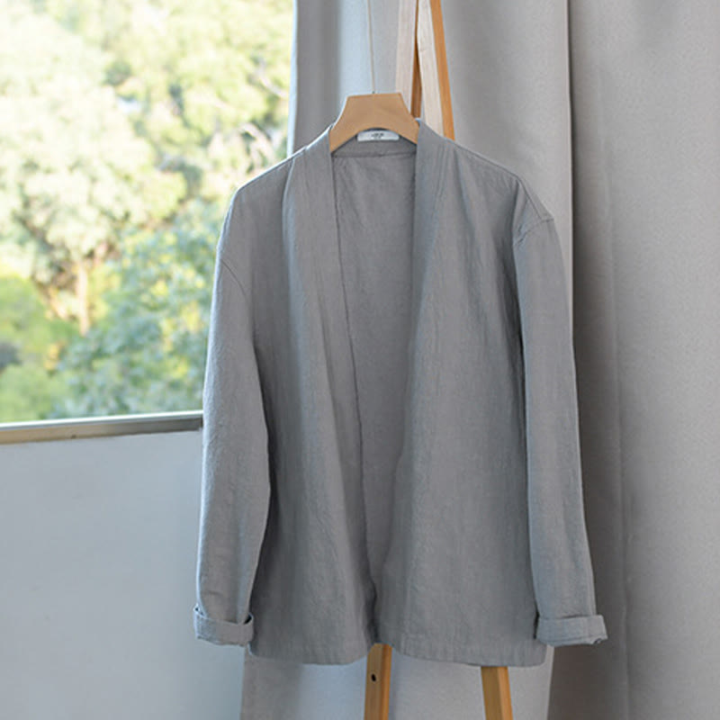 Chemises simples à manches longues et poches ouvertes sur le devant pour homme en coton ramie avec Buddha Stones - image 3