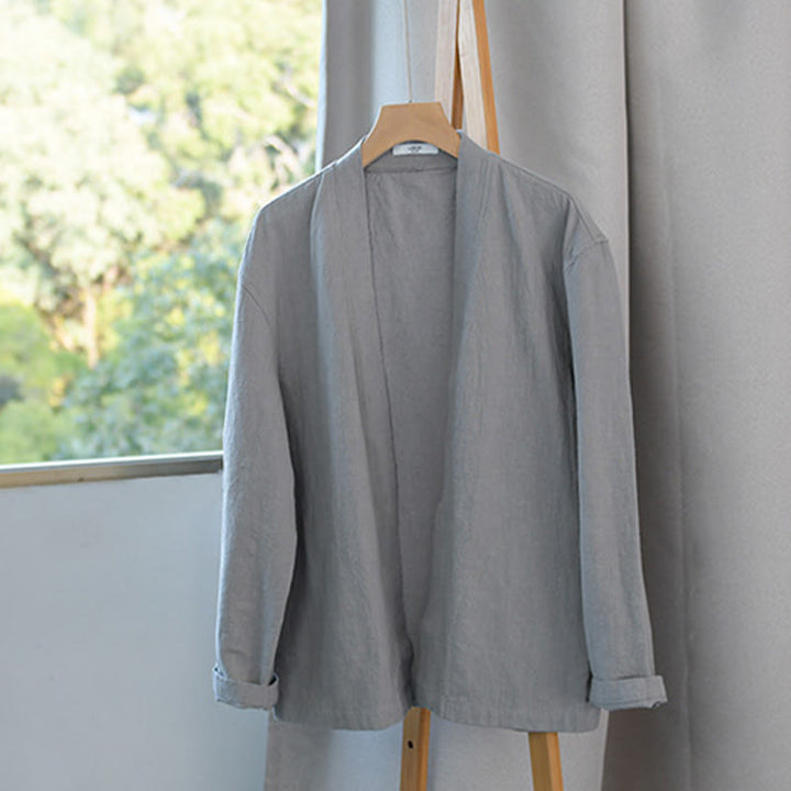 Chemises simples à manches longues et poches ouvertes sur le devant pour homme en coton ramie avec Buddha Stones - image 3