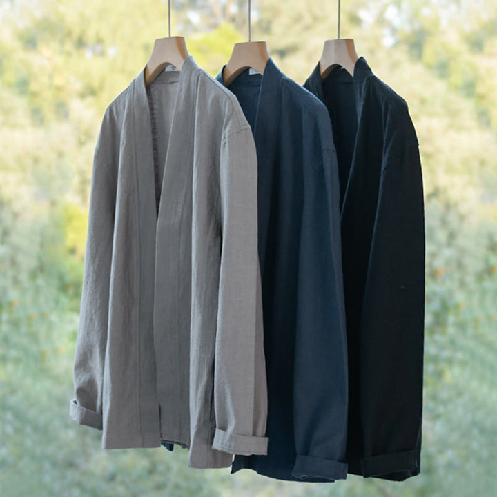 Chemises simples à manches longues et poches ouvertes sur le devant pour homme en coton ramie avec Buddha Stones - image 1