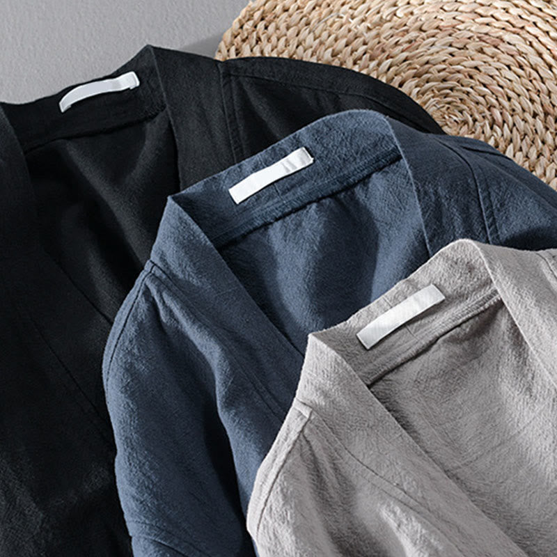 Chemises simples à manches longues et poches ouvertes sur le devant pour homme en coton ramie avec Buddha Stones - image 24