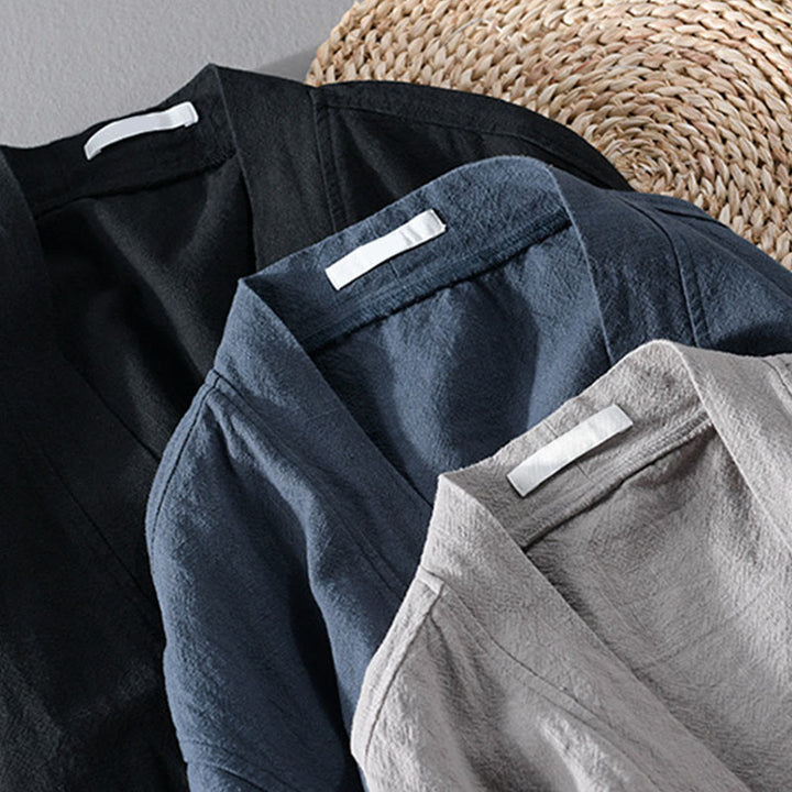Chemises simples à manches longues et poches ouvertes sur le devant pour homme en coton ramie avec Buddha Stones - image 24