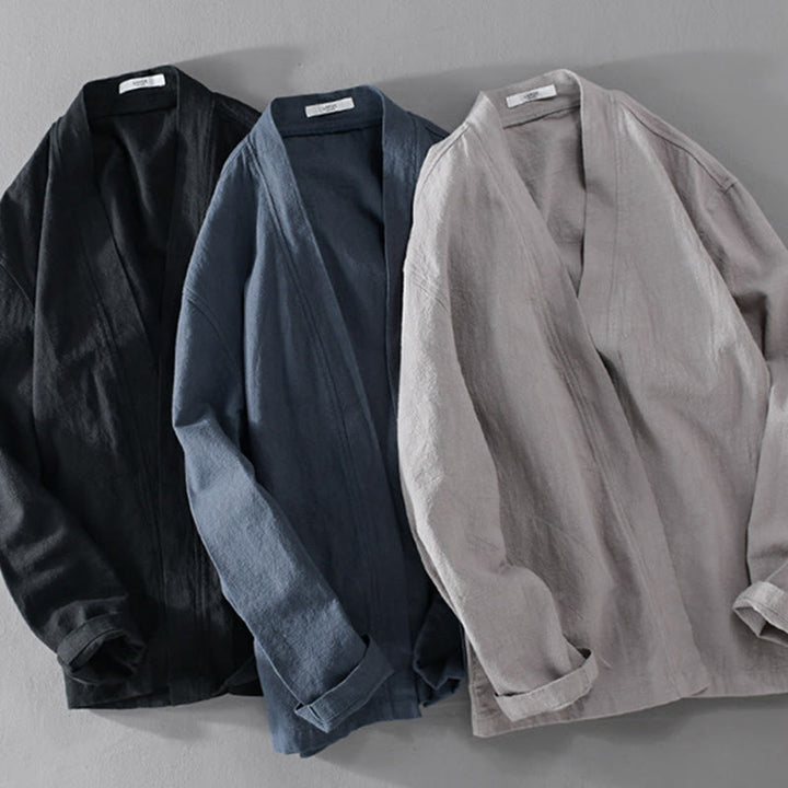 Chemises simples à manches longues et poches ouvertes sur le devant pour homme en coton ramie avec Buddha Stones - image 27