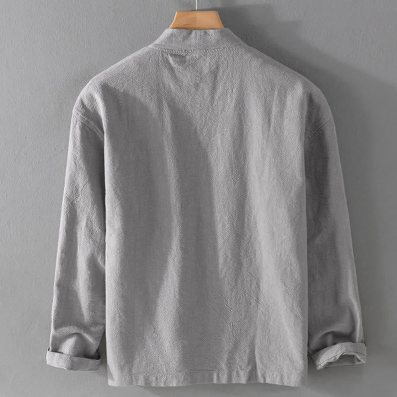 Chemises simples à manches longues et poches ouvertes sur le devant pour homme en coton ramie avec Buddha Stones - image 2