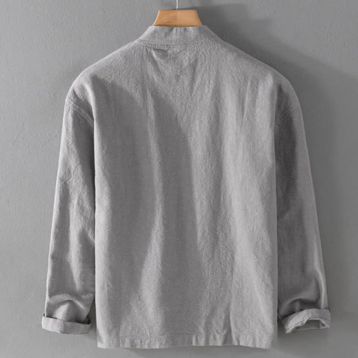 Chemises simples à manches longues et poches ouvertes sur le devant pour homme en coton ramie avec Buddha Stones - image 2