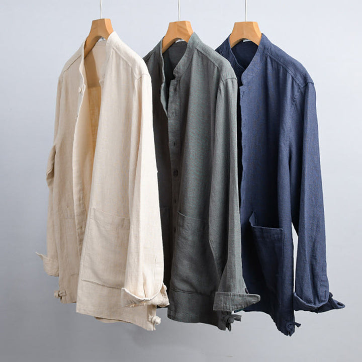 Chemises homme en coton ramie à manches longues et boutons Buddha Stones avec poches - image 1