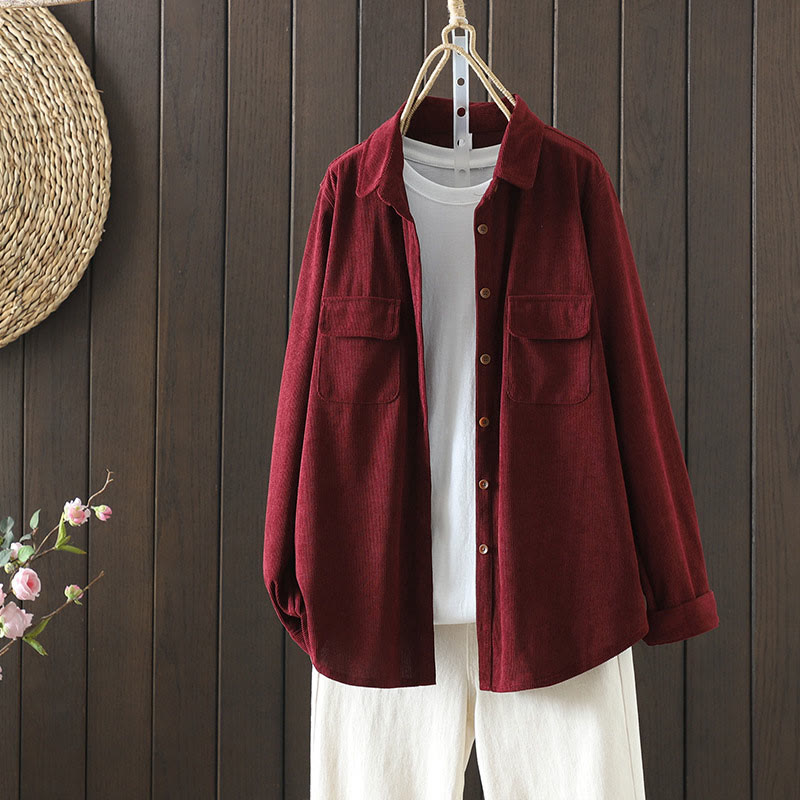 Veste à manches longues en coton côtelé Buddha Stones pour femme avec poches - Brique réfractaire - US8-10，UK/AU12-14，EU40-42 (2XL) - image 12
