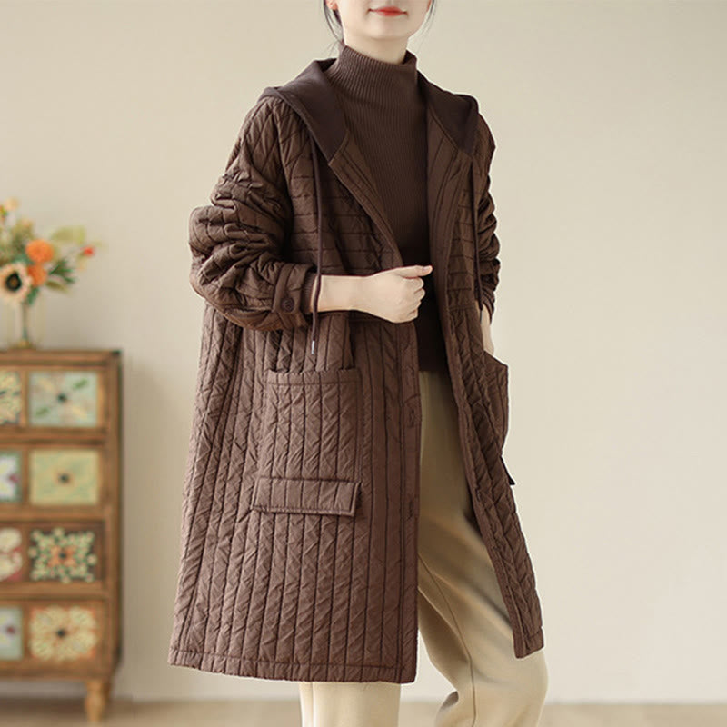 Manteau matelassé en coton uni cranté avec poches pour femme Buddha Stones - SaddleBrown - US12，UK/AU16，EU44 (2XL) - image 0