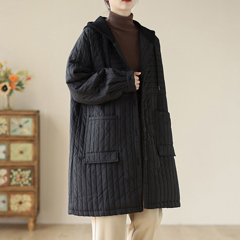 Manteau matelassé en coton uni cranté avec poches pour femme Buddha Stones - Noir - US12，UK/AU16，EU44 (2XL) - image 12