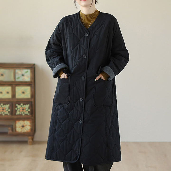 Manteau matelassé en coton pour femme avec poches et boutons unis Buddha Stones - Noir - US14，UK/AU18，EU46 (2XL) - image 5