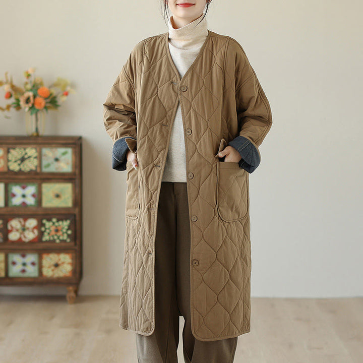 Manteau matelassé en coton pour femme avec poches et boutons unis Buddha Stones - Verge d'or - US14，UK/AU18，EU46 (2XL) - image 9