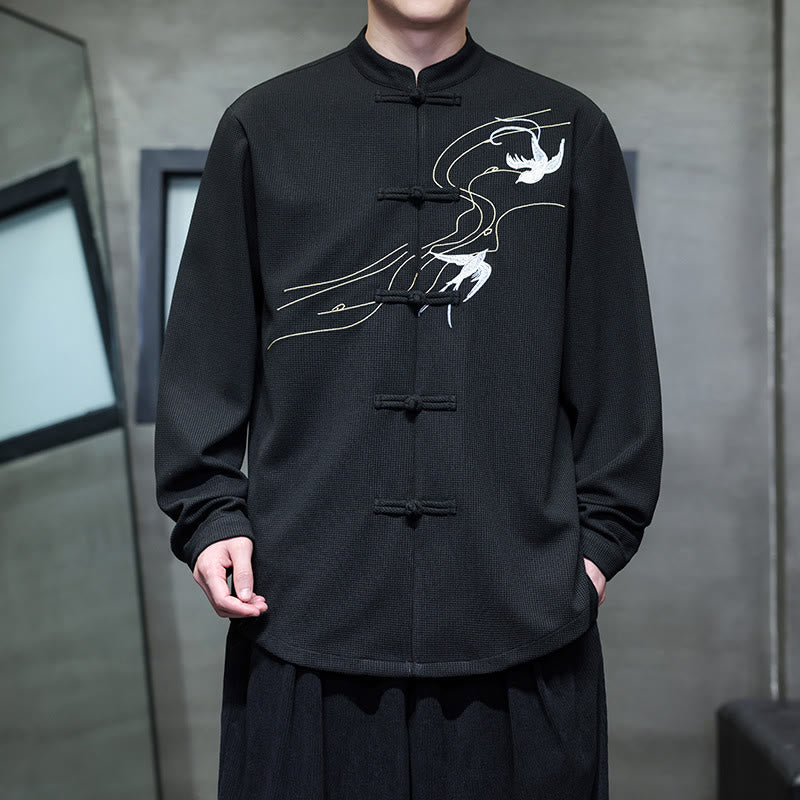 Chemise homme à manches longues et col montant avec broderies d'hirondelles et boutons de grenouille, Buddha Stones - Noir - US/UK/AU46，EU56 (5XL) - image 0