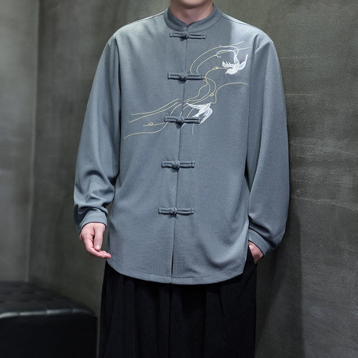 Chemise homme à manches longues et col montant avec broderies d'hirondelles et boutons de grenouille, Buddha Stones - image 21