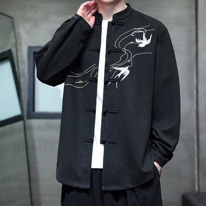 Chemise homme à manches longues et col montant avec broderies d'hirondelles et boutons de grenouille, Buddha Stones - image 8