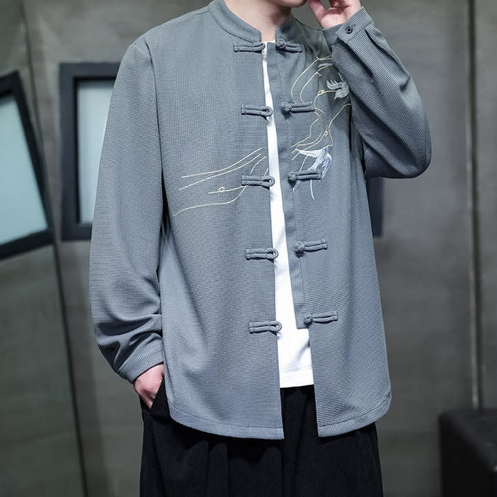 Chemise homme à manches longues et col montant avec broderies d'hirondelles et boutons de grenouille, Buddha Stones - image 19