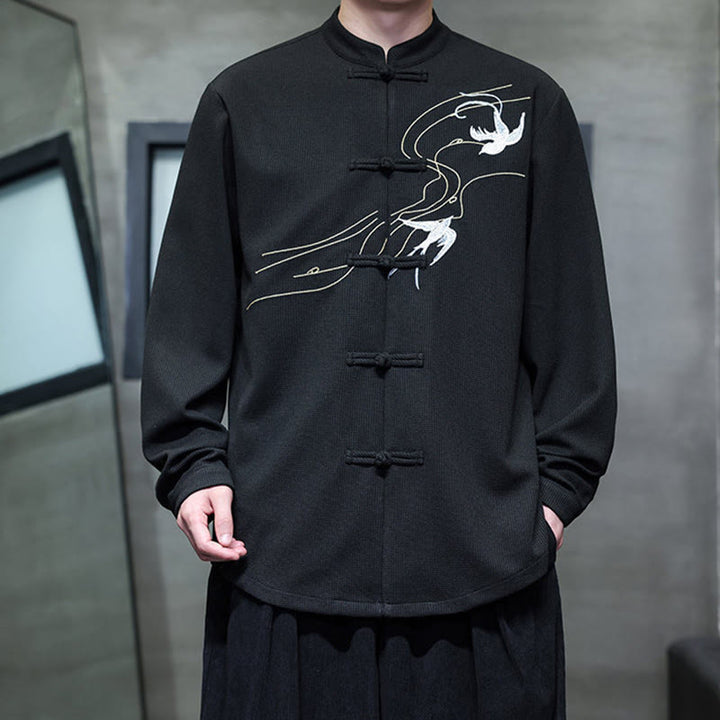 Chemise homme à manches longues et col montant avec broderies d'hirondelles et boutons de grenouille, Buddha Stones - image 5