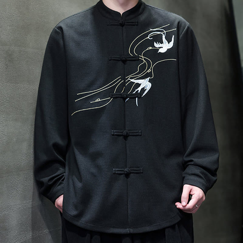 Chemise homme à manches longues et col montant avec broderies d'hirondelles et boutons de grenouille, Buddha Stones - image 9