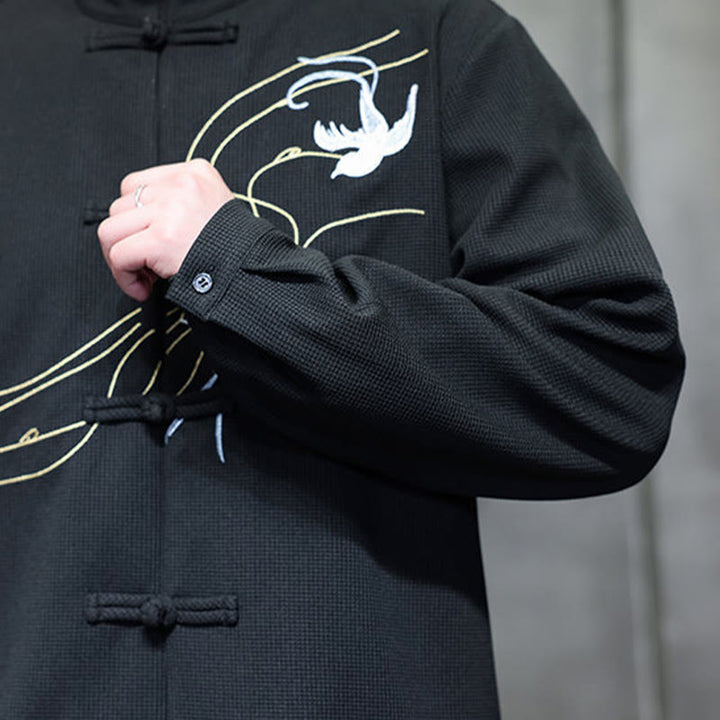 Chemise homme à manches longues et col montant avec broderies d'hirondelles et boutons de grenouille, Buddha Stones - image 11