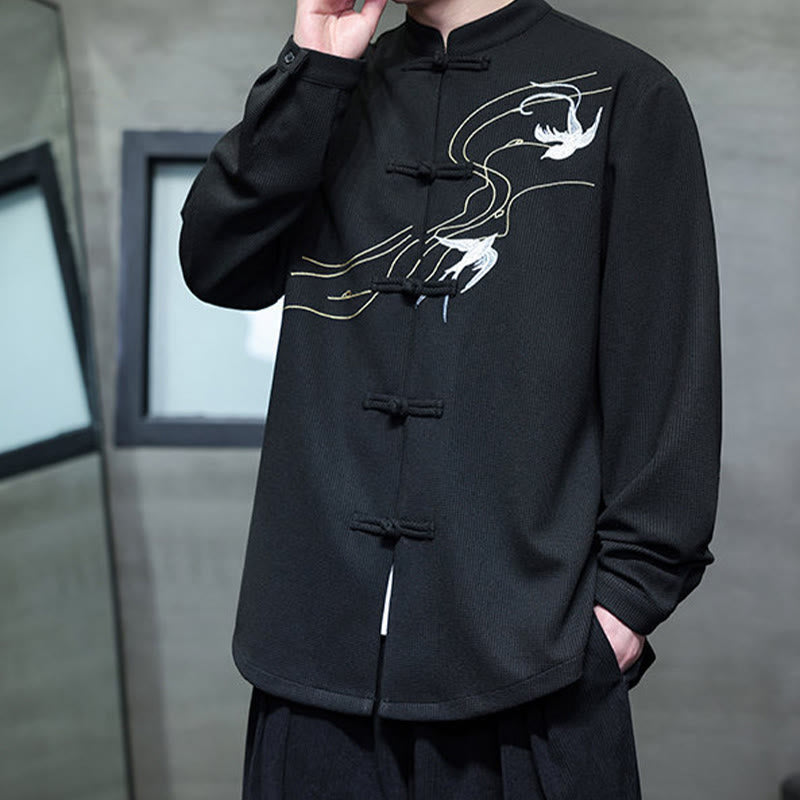 Chemise homme à manches longues et col montant avec broderies d'hirondelles et boutons de grenouille, Buddha Stones - image 4