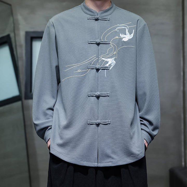 Chemise homme à manches longues et col montant avec broderies d'hirondelles et boutons de grenouille, Buddha Stones - image 18