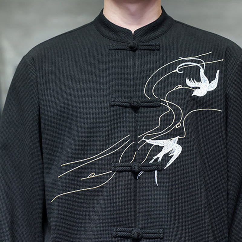 Chemise homme à manches longues et col montant avec broderies d'hirondelles et boutons de grenouille, Buddha Stones - image 10