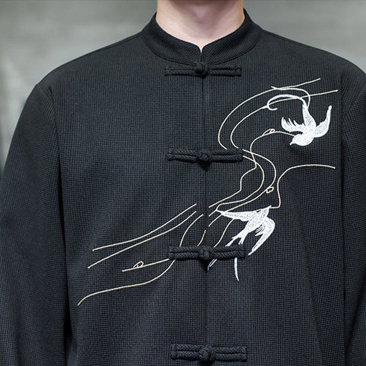 Chemise homme à manches longues et col montant avec broderies d'hirondelles et boutons de grenouille, Buddha Stones - image 10