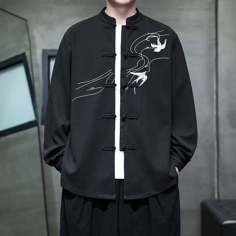 Chemise homme à manches longues et col montant avec broderies d'hirondelles et boutons de grenouille, Buddha Stones - image 2