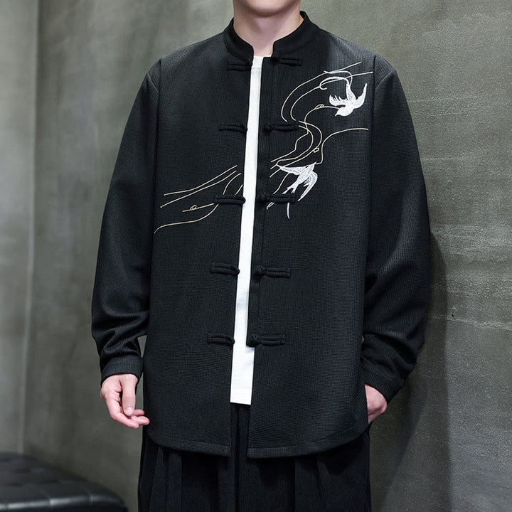 Chemise homme à manches longues et col montant avec broderies d'hirondelles et boutons de grenouille, Buddha Stones - image 7