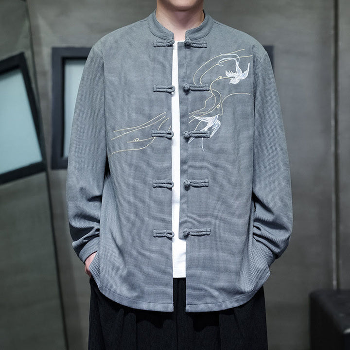 Chemise homme à manches longues et col montant avec broderies d'hirondelles et boutons de grenouille, Buddha Stones - image 17