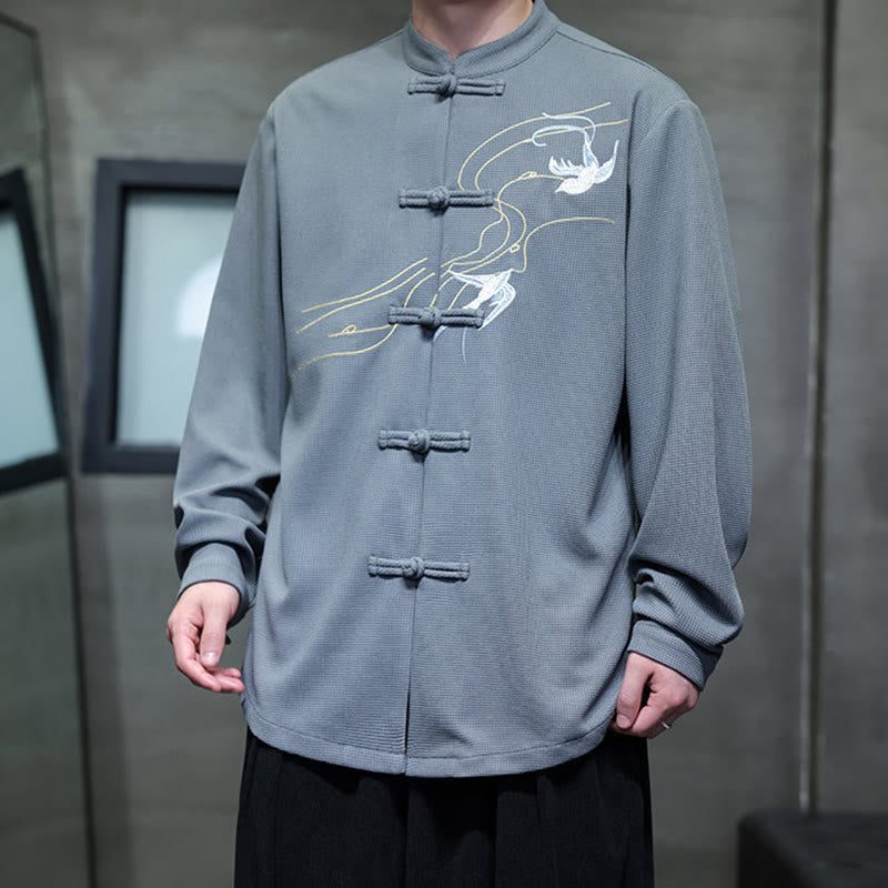 Chemise homme à manches longues et col montant avec broderies d'hirondelles et boutons de grenouille, Buddha Stones - image 15