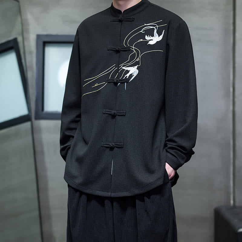 Chemise homme à manches longues et col montant avec broderies d'hirondelles et boutons de grenouille, Buddha Stones - image 6