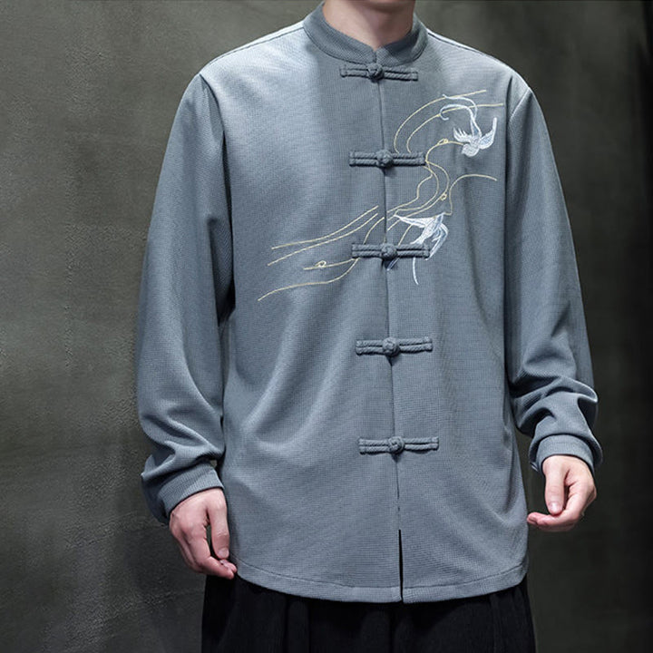 Chemise homme à manches longues et col montant avec broderies d'hirondelles et boutons de grenouille, Buddha Stones - image 14