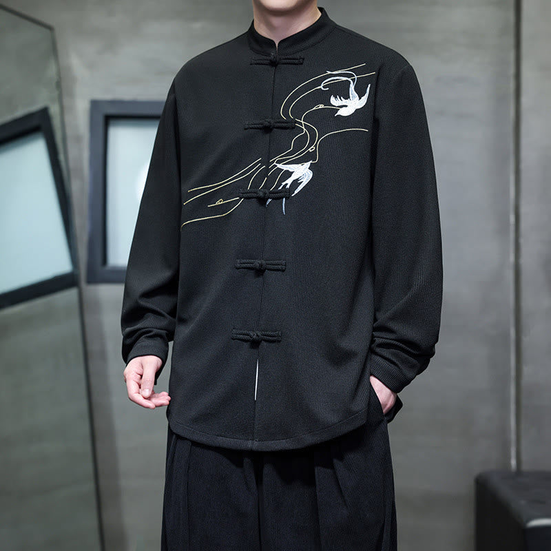 Chemise homme à manches longues et col montant avec broderies d'hirondelles et boutons de grenouille, Buddha Stones - image 1