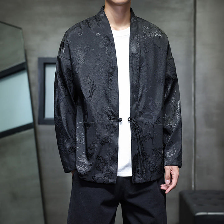 Chemise homme à manches longues et col montant en jacquard motif dragon et Buddha Stones grenouille - Noir - US/UK/AU46，EU56 (5XL) - image 0