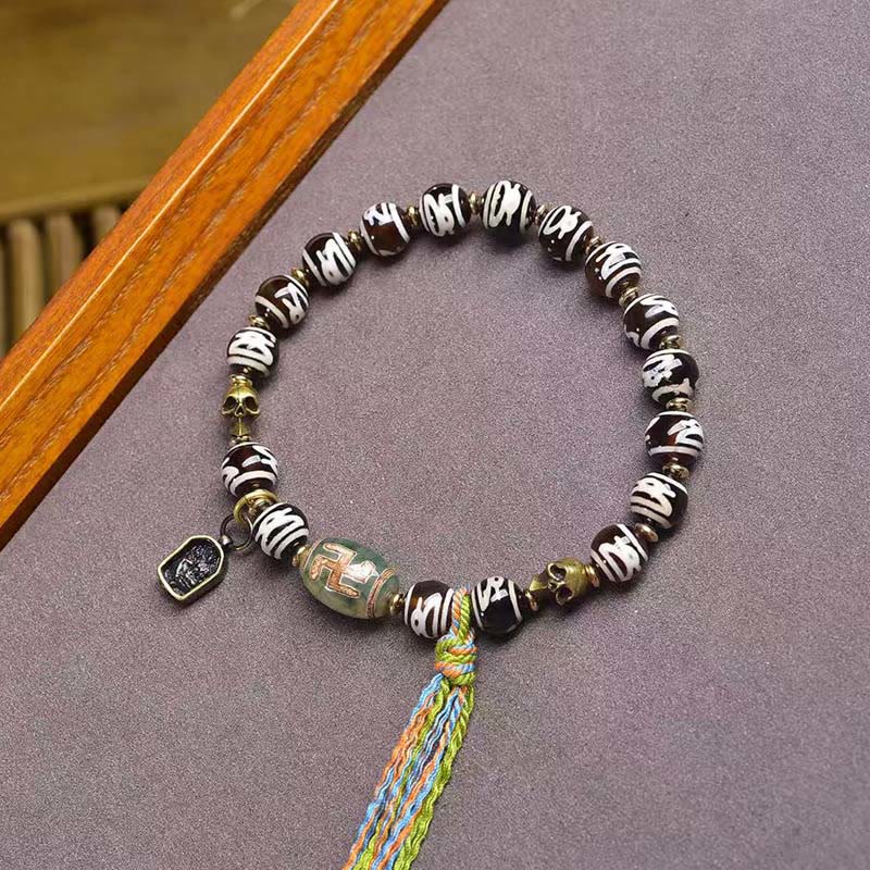 Bracelet de richesse en perles dzi tibétaines en Buddha Stones , tête de mort, Seigneur de la forêt des cadavres - Perle Dzi (circonférence du poignet : 16-17 cm) - image 6
