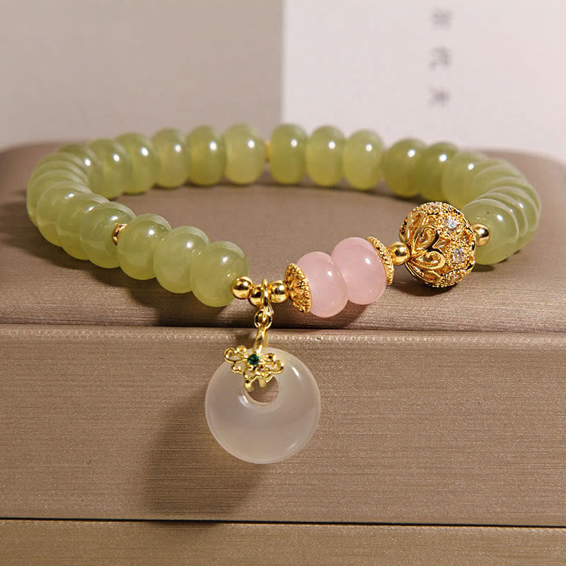Bracelet porte-bonheur en jade et quartz rose avec Buddha Stones et boucle de paix naturelle - Jade (tour de poignet : 15-17 cm) - image 0